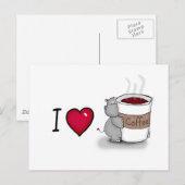 Carte Postale J'adore le café - Hippo avec une tasse de café (Devant / Derrière)