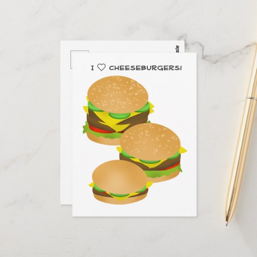 Carte Postale J'adore les cheeseburgers (Devant/Arrière en situation)