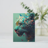 Carte Postale Jaguar turquoise et or floral (Debout devant)