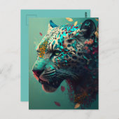 Carte Postale Jaguar turquoise et or floral (Devant / Derrière)