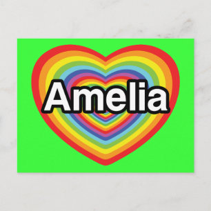 Carte Postale J'aime Amelia, coeur arc-en-ciel
