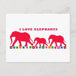 Carte Postale J'aime les éléphants (Rouge)