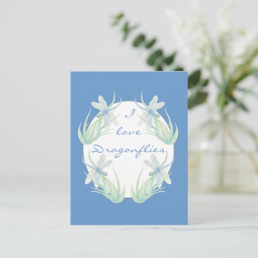 Carte Postale J'aime les libellules en bleu et vert (Debout devant)