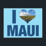 Carte Postale J'aime Maui Hawaii<br><div class="desc">J'adore la carte postale de Maui Hawaii avec une photo en forme de coeur mignonne de l'océan Hawaiien bleu et des montagnes vertes. De belles eaux côtières me rendent heureux en vacances d'été. Cartes postales mignonnes avec moulins à vent sur une colline.</div>
