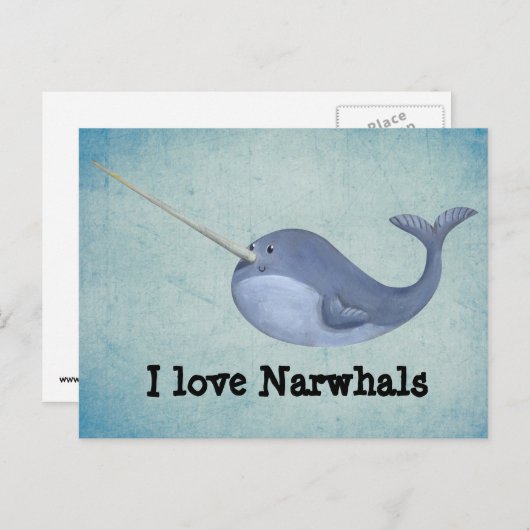 Carte Postale J'aime Narwhals (Devant / Derrière)