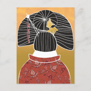 Carte Postale Japon Kimono Yukata Temple Main Illustré