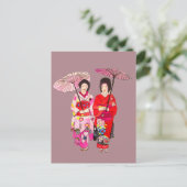 Carte Postale Japonais mignon Geisha avec kimono rose (Debout devant)