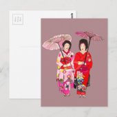 Carte Postale Japonais mignon Geisha avec kimono rose (Devant / Derrière)