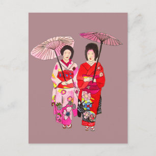 Carte Postale Japonais mignon Geisha avec kimono rose