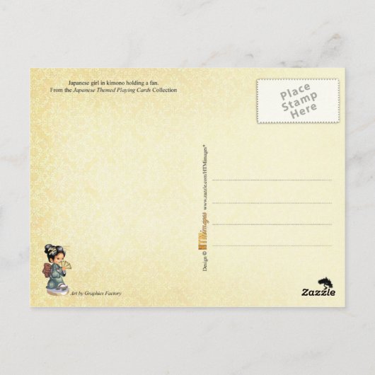 Carte Postale Japonaise à kimono tenant un ventilateur (Dos)