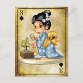 Carte Postale Japonaise en kimono arrosant un bonsaï (Devant)