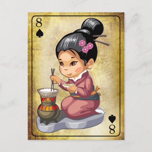 Carte Postale Japonaise en kimono cuisine riz (Devant)