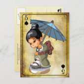 Carte Postale Japonaise en kimono inspectant ses chaussures (Devant / Derrière)