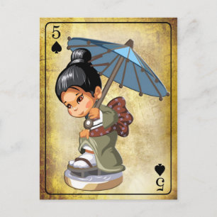 Carte Postale Japonaise en kimono inspectant ses chaussures