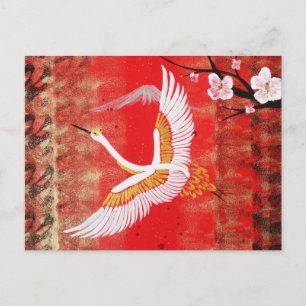 Carte Postale Japonaise grue soleil Japon sakura rouge