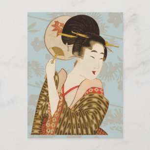 Carte Postale Japonaise vintage Geisha Girl en Kimono avec venti