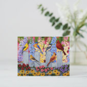 Carte Postale Jardin aux fleurs d'oiseaux colorés (Debout devant)