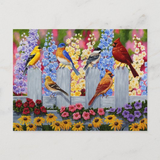 Carte Postale Jardin aux fleurs d'oiseaux colorés (Devant)