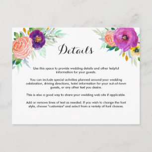 Carte Postale Jardin coloré Aquarelle Floral Détails du Mariage