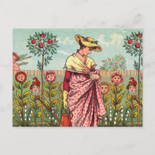 Carte Postale Jardin Cultivation Flower Woman Art Antique