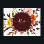 Carte Postale Jardin d'automne Bourgogne Aquarelle Mariage RSVP<br><div class="desc">Cette carte postale de mariage RSVP présente des fleurs d'aquarelle jaune,  rose rousse,  orange et des feuilles verts,  bordeaux et marron avec un cadre circulaire. Il est parfait pour un automne mariage ou des événements similaires.</div>