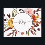 Carte Postale Jardin d'automne Marsala Aquarelle Mariage RSVP<br><div class="desc">Cette carte postale de mariage RSVP présente des fleurs d'aquarelle jaune,  rose rousse,  orange et des feuilles verts,  bordeaux et marron avec un cadre circulaire. Il est parfait pour un automne mariage ou des événements similaires.</div>
