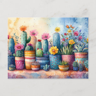 Carte Postale Jardin de cactus et de fleurs à l'aquarelle