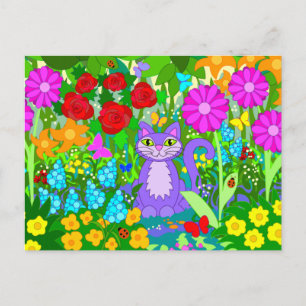 Carte Postale Jardin de chats fleurs colorées papillons coccinel