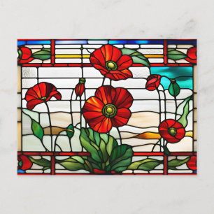 Carte Postale Jardin de fleurs de pavot rouge en verre teinté  