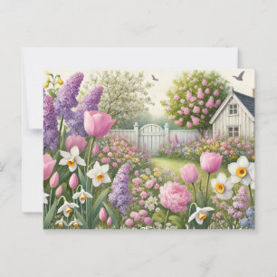 Carte Postale Jardin de printemps et chalet de campagne Floral