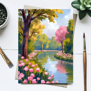 Carte Postale Jardin de rivière de fleurs roses aquarelle en fle