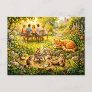Carte Postale Jardin de souris BBQ avec chat qui regarde