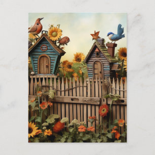 Carte Postale Jardin de tournesol 7 Maisons d'oiseaux Oiseaux bl