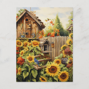 Carte Postale Jardin de Tournesols 2 Maisons d'Oiseaux Oiseaux B
