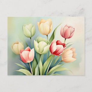Carte Postale Jardin de tulipes aquarelle sur fond vert sauge