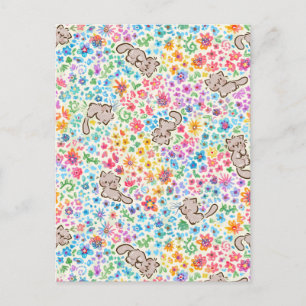 Carte Postale Jardin fantaisiste de Pebble Chat Gris et Floral L