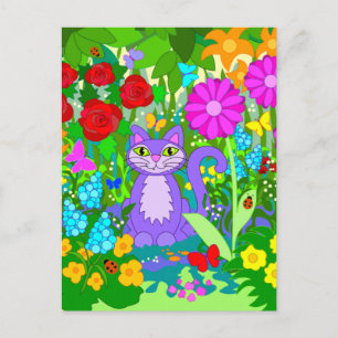 Carte Postale Jardin Fantastique Coloré Chat Sourire Papillons