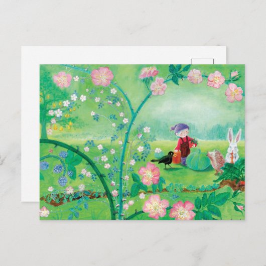 Carte Postale Jardin secret Gnome, Hérisson, oiseau noir et lapi (Devant / Derrière)