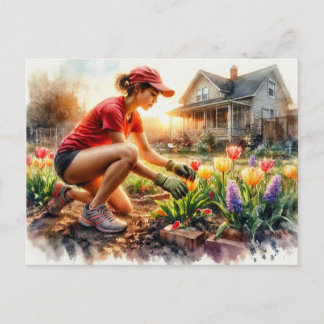 Carte Postale Jardinier entretenant des parterres de fleurs,