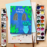 Carte Postale Jardins de Majorelle Bleu La Jardin JOYEUX ANNIVER<br><div class="desc">Joli mur bleu et des plantes colorés,  dessinés à la main par moi pour vous ! Jetez un oeil à mon magasin pour plus !</div>