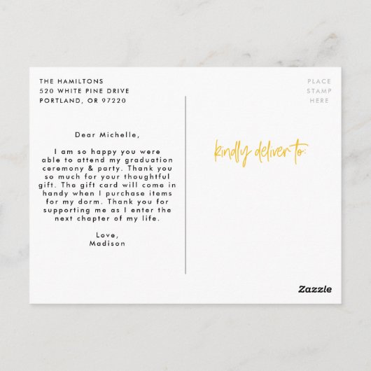 Carte Postale Jaune | Preppy Script Photo Graduation Merci (Dos)