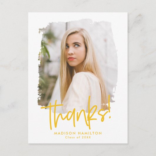 Carte Postale Jaune | Preppy Script Photo Graduation Merci (Devant)