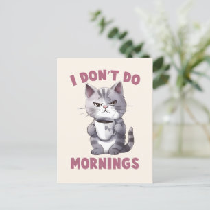 Carte Postale Je ne fais pas le matin - Chat gris avec café