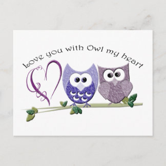 Carte Postale Je t'aime avec Hibou mon coeur, jolie Chouettes ar