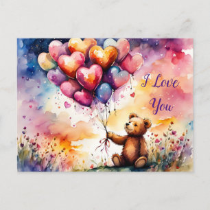 Carte Postale Je t'aime ours en peluche avec des ballons en form