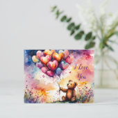 Carte Postale Je t'aime ours en peluche avec des ballons en form (Debout devant)