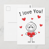 Carte Postale Je t'aime Stick Figure Cœurs Mignons (Devant / Derrière)