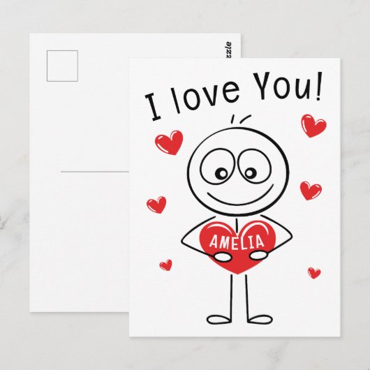 Carte Postale Je t'aime Stick Figure Cœurs Mignons Nom (Devant / Derrière)
