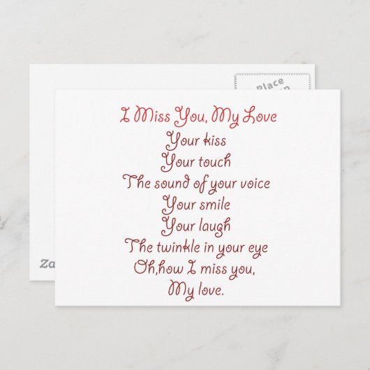 Carte Postale Je te manque, mon poème d'amour rouge sur rouge (Devant / Derrière)