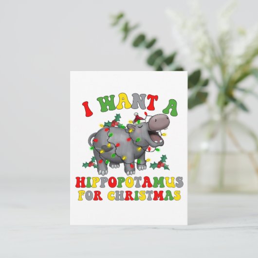 Carte Postale Je Veux Un Hippopotame Pour Noël Funny Retro (Debout devant)